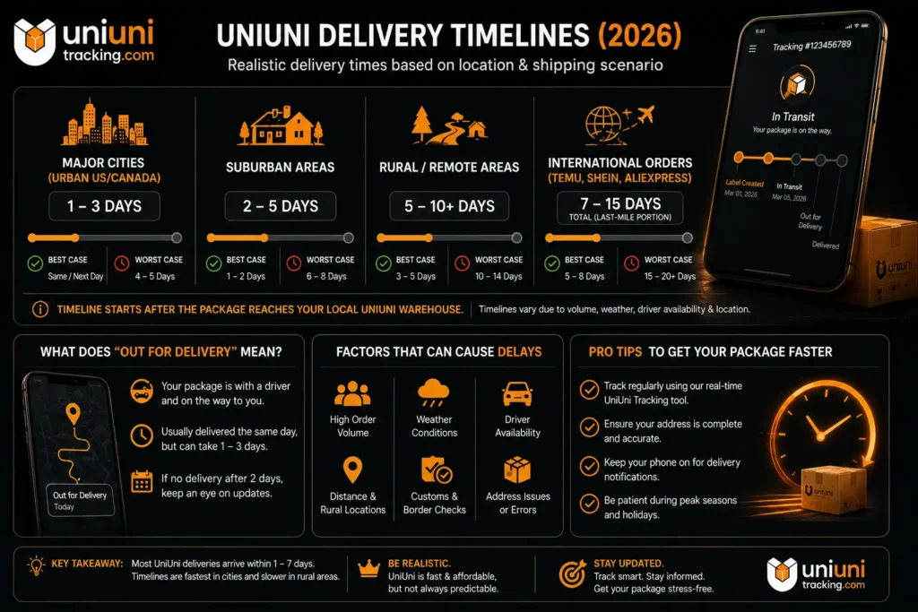 Infographic showing realistic UniUni delivery timelines for urban, suburban, rural, and international shipments.
