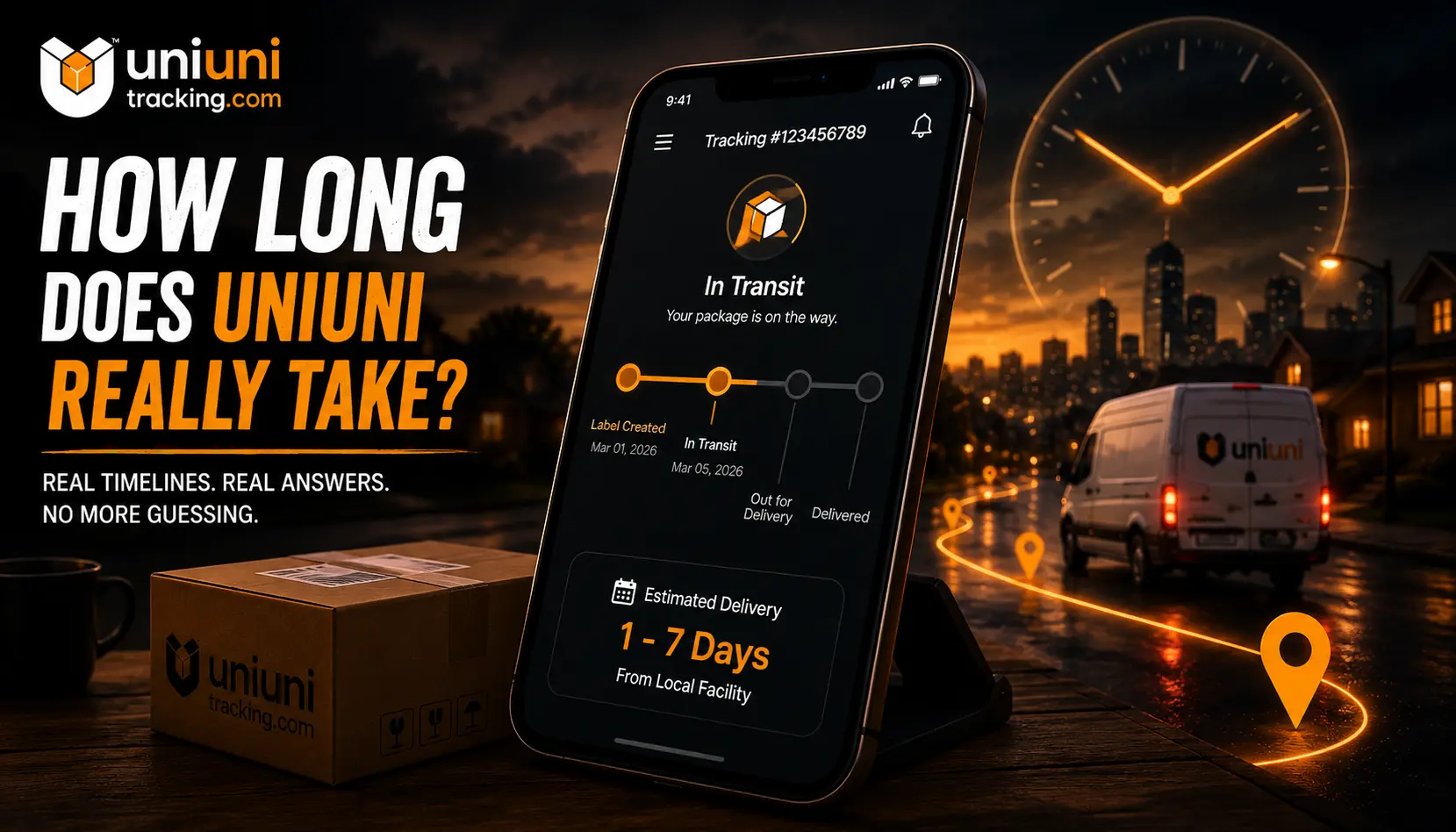 Smartphone showing UniUni package tracking in transit with delivery van and waiting-time concept.