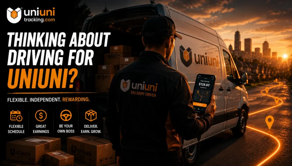 Delivery driver standing beside a UniUni-style van with packages and smartphone delivery app at sunrise.