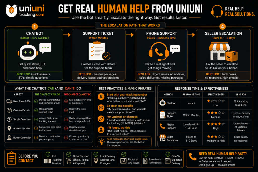 Infographic comparing UniUni chatbot, support tickets, phone support, and seller escalation methods.