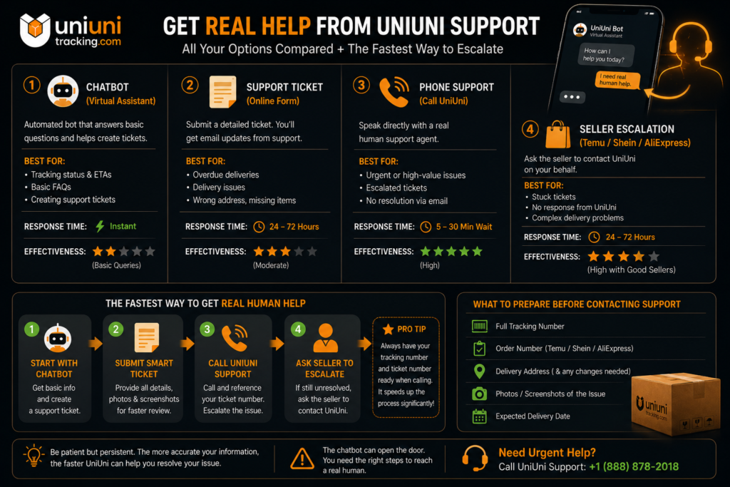 Infographic comparing UniUni chatbot, support tickets, phone support, and seller escalation methods.