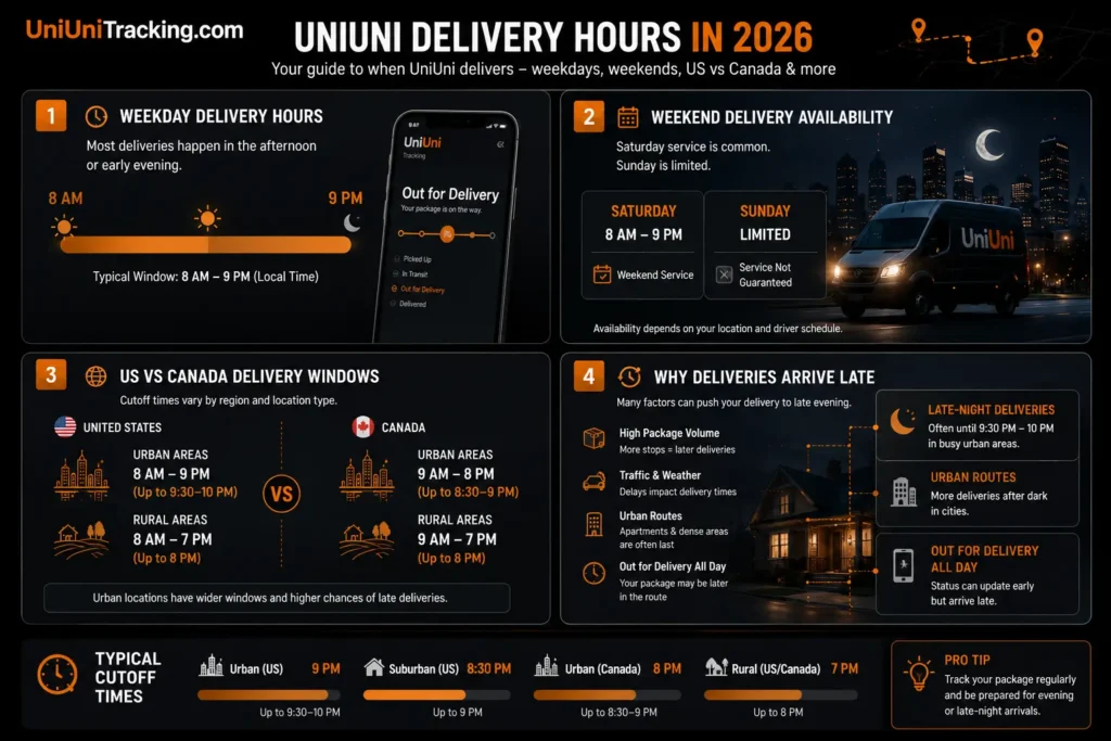 Infographic showing UniUni delivery hours, weekend schedules, and late-night delivery timelines in 2026.