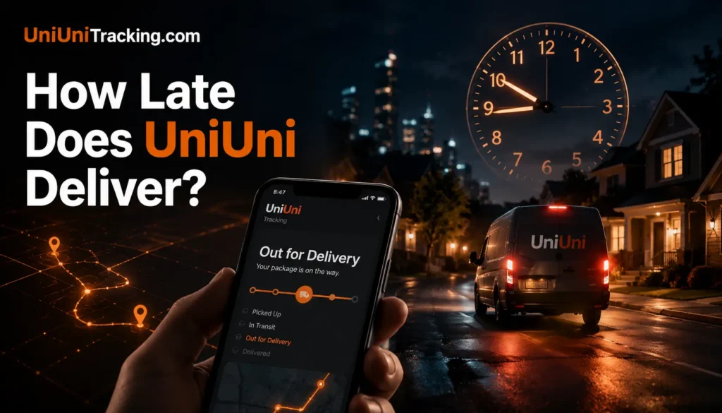 Smartphone showing UniUni package out for delivery at night with delivery van and clock approaching 9 PM.