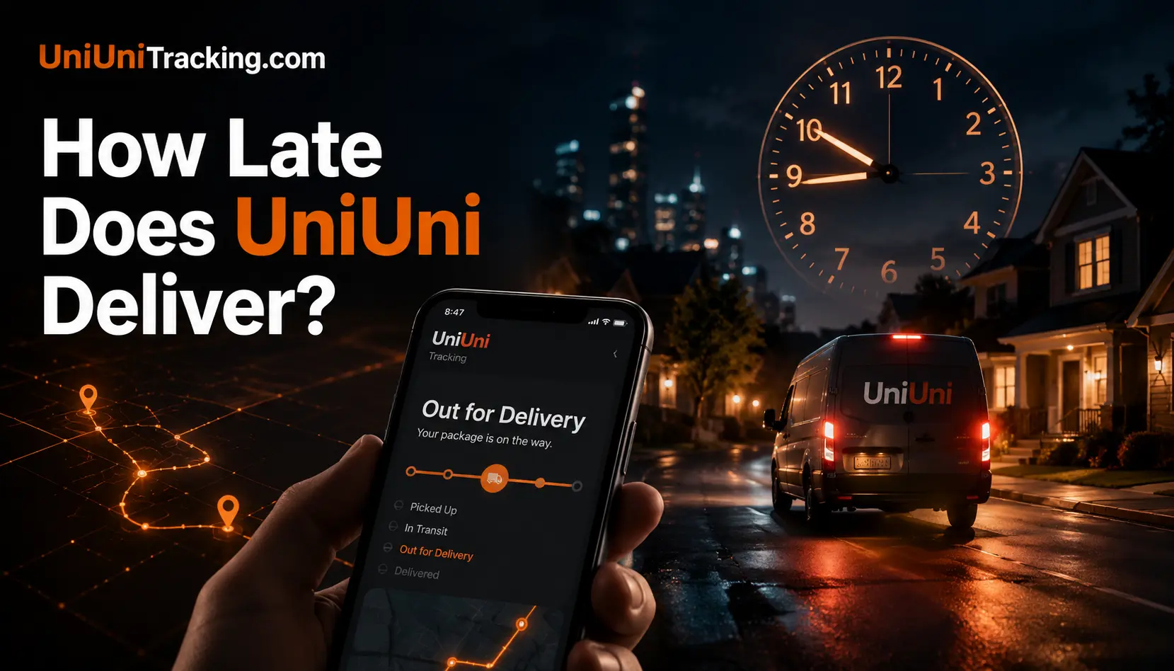 Smartphone showing UniUni package out for delivery at night with delivery van and clock approaching 9 PM.