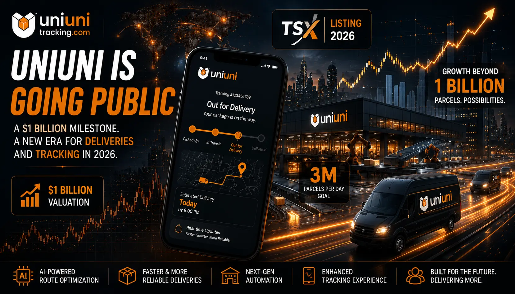 Futuristic UniUni logistics network with package tracking smartphone and public company growth concept.