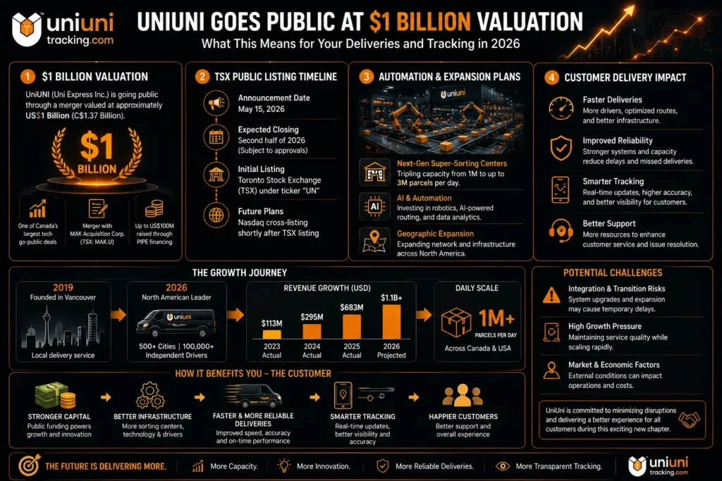 Infographic explaining UniUni’s $1 billion public listing, automation plans, and delivery tracking improvements.