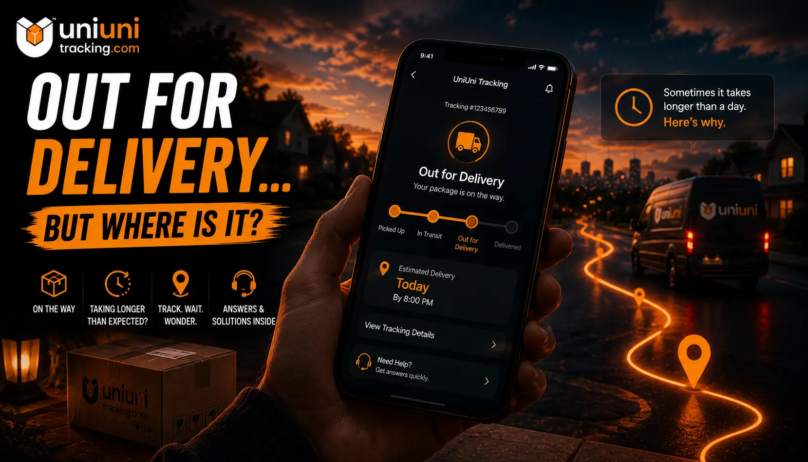 Smartphone showing UniUni tracking marked out for delivery with delivery van driving at sunset