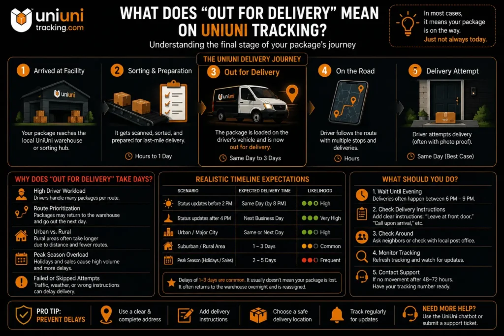 Infographic explaining UniUni out for delivery status, delays, and last-mile delivery process.