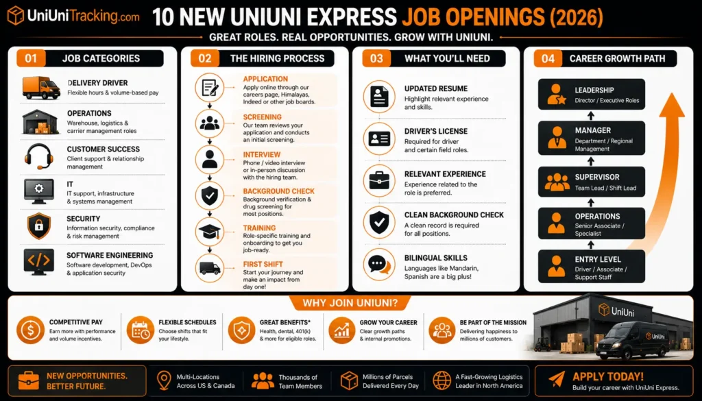 Infographic summarizing UniUni Express job categories, hiring process, key requirements, and career growth opportunities in 2026.