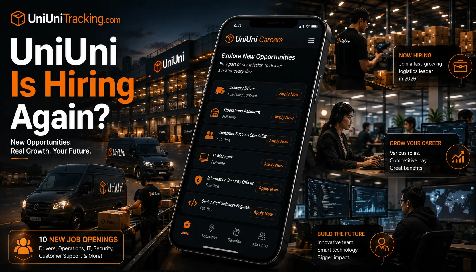 Cinematic illustration showing new UniUni job openings on a smartphone with warehouse operations, delivery vans, and logistics professionals in the background.