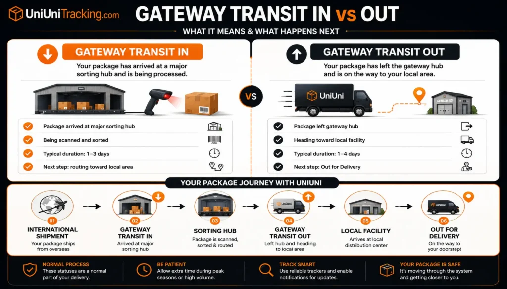 Infographic comparing UniUni Gateway Transit In and Gateway Transit Out tracking statuses and showing the package journey from sorting hub to final delivery.