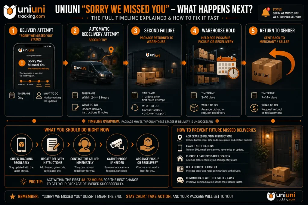 Infographic explaining the UniUni missed delivery process, redelivery attempts, warehouse holds, and return-to-sender timeline.