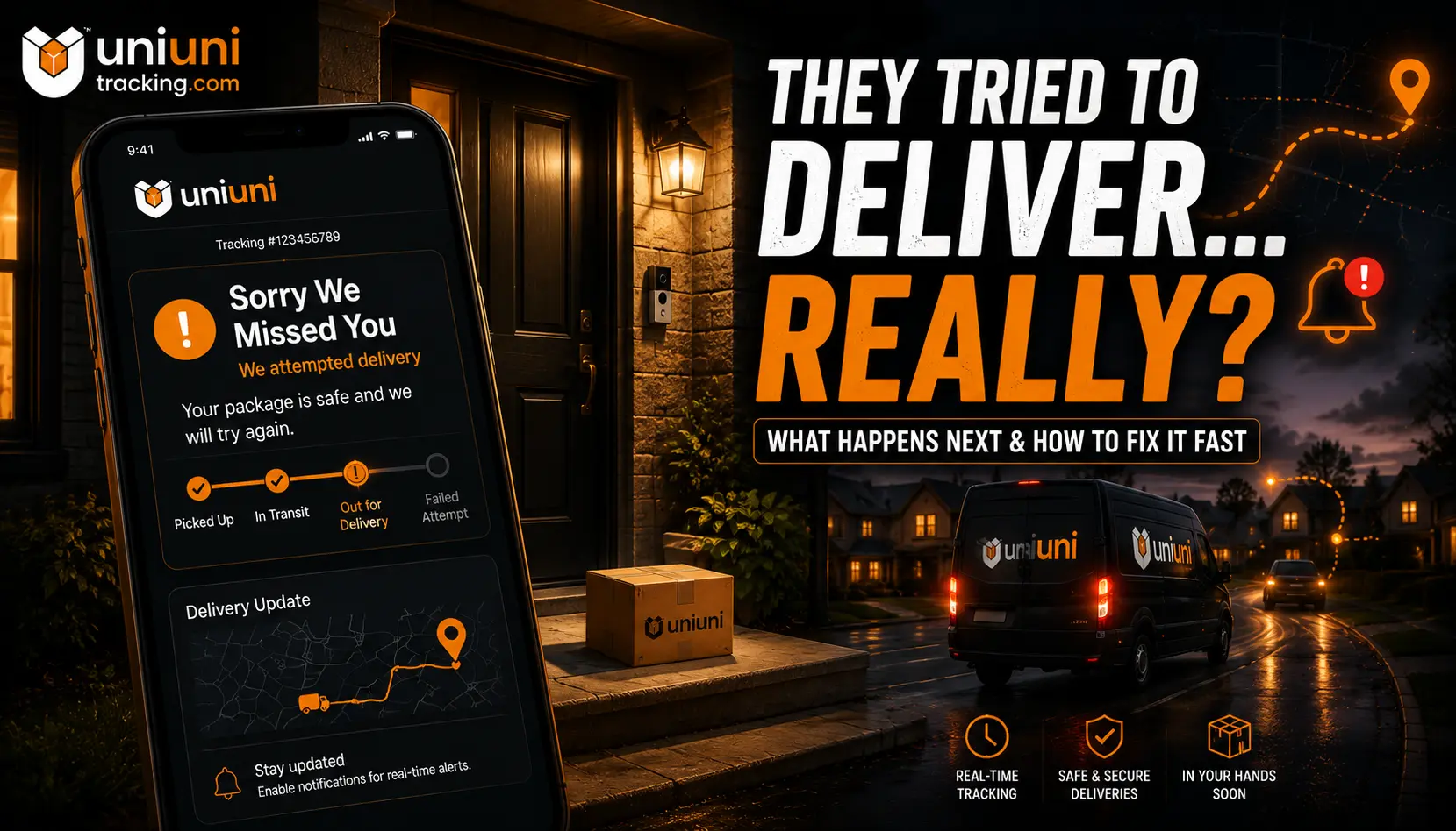 Smartphone showing UniUni delivery attempted notification with delivery van leaving a residential neighborhood.