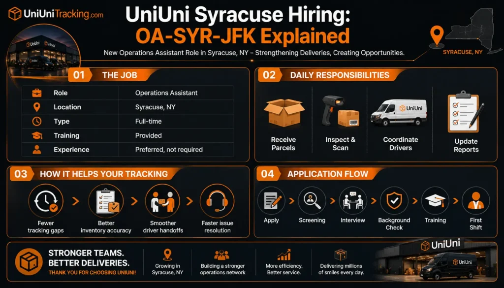Infographic explaining the UniUni Syracuse OA-SYR-JFK Operations Assistant role, responsibilities, application process, and how it improves package tracking.