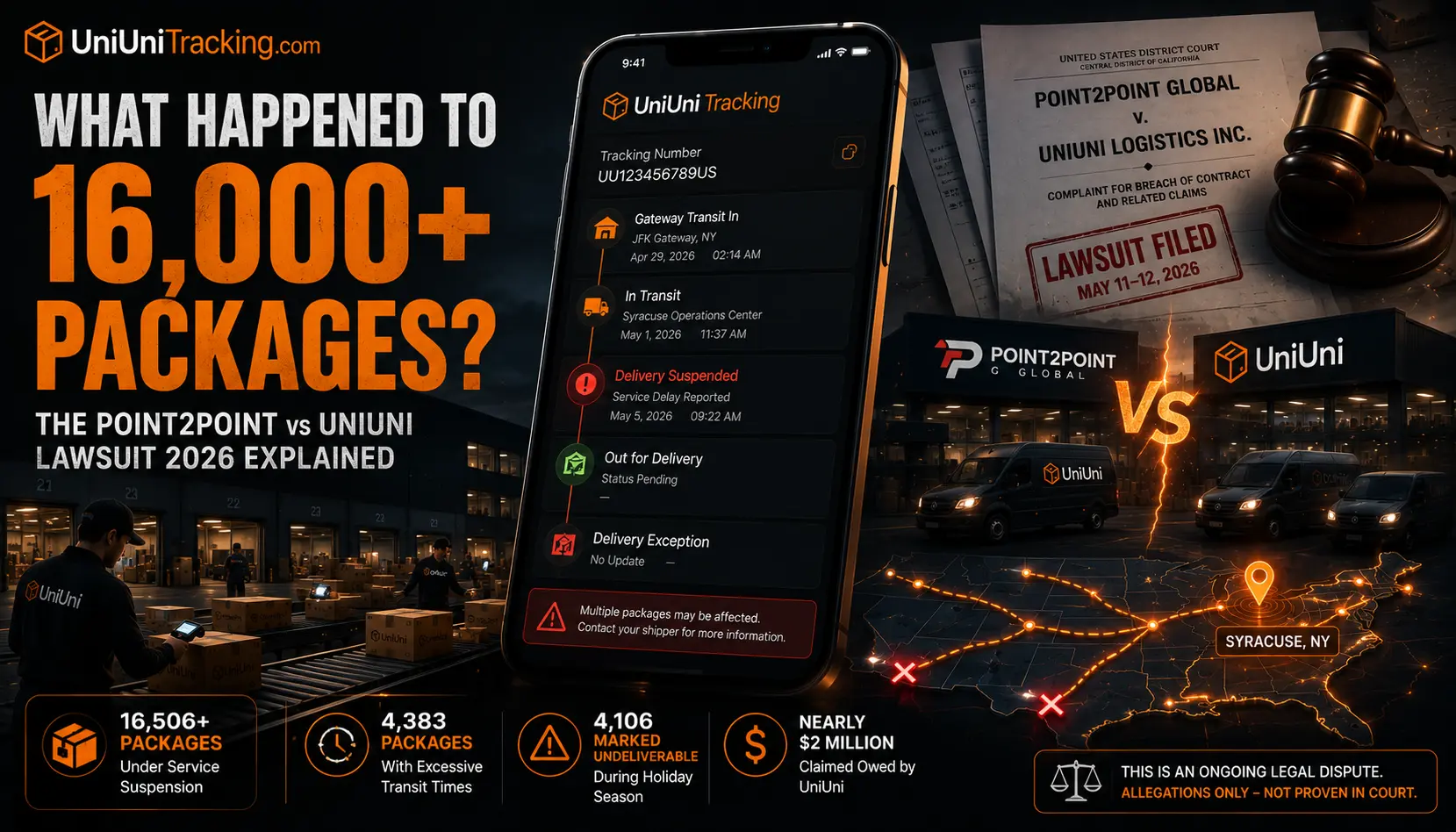 Cinematic illustration of a UniUni package tracking screen showing stalled shipments and a logistics network affected by a major commercial dispute involving more than 16,000 packages.