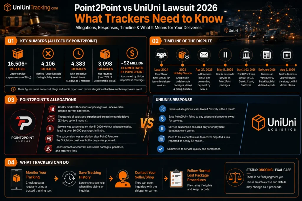 Infographic summarizing the 2026 Point2Point Global and UniUni lawsuit, including key package figures, dispute timeline, opposing claims, and practical tracking tips.